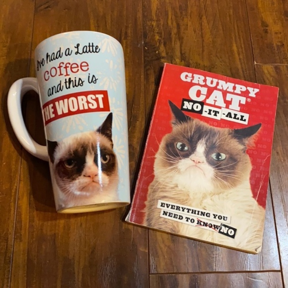 Grumpy Cat Coffee Mug & No-It-All Humor Book Gift Bundle